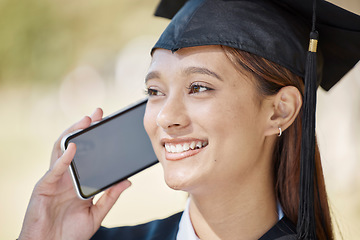 Image showing Phone call, student smile and graduation of woman outdoor in university or college campus. Graduate face, education scholarship and happy female talking, chatting or speaking on 5g mobile smartphone.