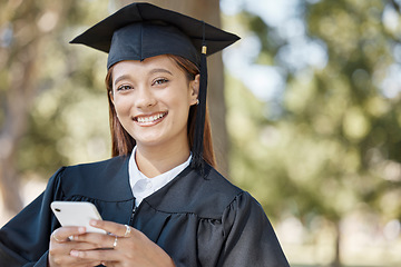 Image showing Portrait, smile and graduation of woman with phone for social media or texting outdoor in university or college. Graduate face, education scholarship or happy female student with 5g mobile smartphone