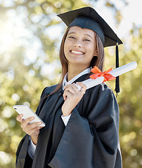 Image showing University, graduation and portrait of girl with smartphone on campus for success, award and achievement news. Education, college and graduate student with certificate, degree and texting on phone