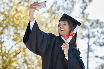 Image showing Selfie, smile and graduation of woman with certificate in university or college campus. Graduate, education scholarship and happy female student taking pictures to celebrate academic achievement.