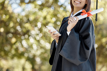 Image showing Graduation, university diploma and girl with phone on campus smile for success, award and achievement. Education, college and happy graduate student with certificate, degree and texting on smartphone