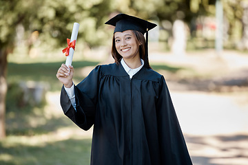 Image showing University certificate, graduation and girl with smile on campus for success, award and achievement. Education, college academy and happy portrait of graduate student with diploma, degree and scroll