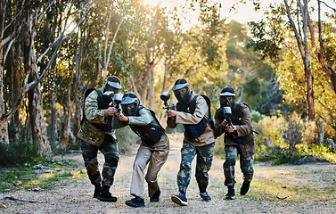 Image showing Battlefield, military and people with guns for paintball, shooting game and training in nature. Army, teamwork and group of friends playing games, running for battle and target adventure in forest