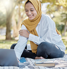 Image showing Student, muslim and woman with laptop in park for elearning, studying or knowledge research. Islamic college, education scholarship and happy female with computer for internet browsing in university.