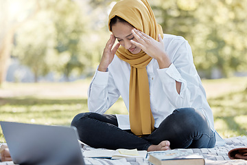 Image showing Stress, Islamic and woman student with a headache while studying in a park feeling frustrated and sad outdoors. Laptop, sick and muslim female with a hijab annoyed while learning or reading