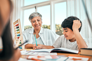 Image showing Grandma help, child math learning and home studying selfie in a family house with education and knowledge. Senior man, boy and teaching of elderly person with a kid doing writing for an project