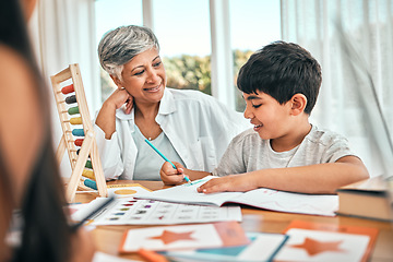 Image showing Grandma, child learning selfie and home studying in a family house with education and knowledge. Senior woman, boy and teaching of elderly person with a kid doing writing for school homework