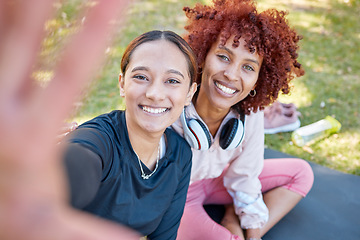 Image showing Selfie portrait, fitness and friends in park with yoga mat for exercise, meditation and wellness together. Sports, healthy body and face women smile ready for stretching, workout and pilates training