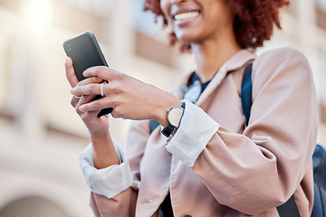 Image showing Hands texting, city and black woman with smile, online date and communication on internet with happiness. Girl, typing and smartphone app ux with social network chat on travel, vacation or adventure