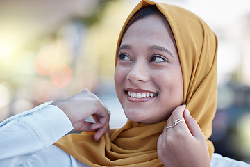 Image showing Muslim, young woman with hijab and face with smile, freedom and travel with day out, happy and carefree outdoor. Islamic fashion, youth and gen z with adventure, lifestyle and female in Dubai