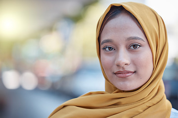 Image showing Travel, relax and portrait of Muslim woman in city for young, proud and natural in urban town. Islamic, positive and confident with girl wearing hijab in Dubai for calm, weekend and bokeh mockup