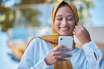 Image showing Muslim woman, phone and happy outdoor for international network, 5g communication and mobile app chat. Young hijab entrepreneur or islamic female from Saudi Arabia typing on cellphone for opportunity