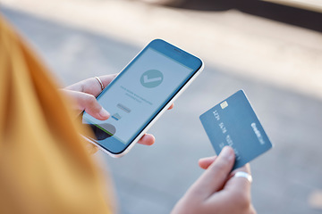 Image showing Credit card, phone screen and hands of woman online shopping, ecommerce and successful financial payment. Person outdoor on smartphone. Cellphone or fintech for banking on mobile app or order service