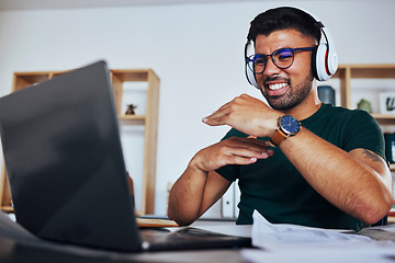 Image showing Man, office and video call with hand, size and explaining for webinar, online workshop or learning. Gen z student guy, studying and hands for education with laptop, headphones and digital classroom