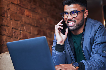 Image showing Black man, phone call and coffee shop with a smile on a web app conversation with happiness. Online communication, connection and cafe remote working of a freelance writer on mobile networking