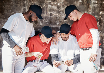 Image showing Baseball, phone or team on sports bench watching videos on social media in training in a stadium. Mobile app, friends relaxing or young players streaming softball content outdoors in dugout in summer