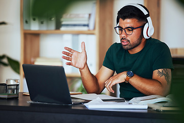 Image showing Elearning, talking and man with a laptop studying, explaining and conversation on a video call. Education, remote and student listening to school communication, online course and speaking on a pc