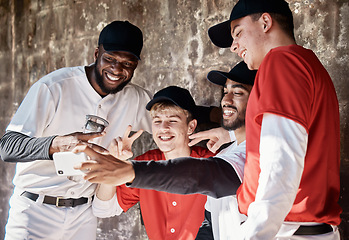 Image showing Baseball, sports men or team selfie for social media for fun memory or profile pictures training in stadium. Mobile app, friends or happy softball players relaxing or bonding together in dugout bench