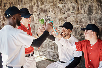 Image showing Baseball player, team or people toast to success in training or match game to celebrate victory in stadium. Goals target, fun men or softball players in happy celebration with sports drinks together