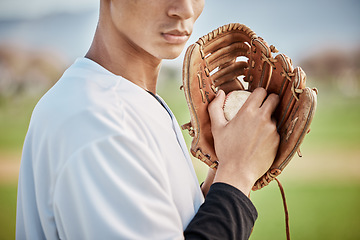 Image showing Man, baseball player or hands glove on field, sports or arena grounds for game, match or competition throw. Zoom, athlete or softball mitt for pitcher, fitness exercise or training workout in stadium