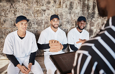 Image showing Teamwork, planning or baseball coach with a strategy, training or softball game field formation on bench. Leadership, tablet or manager with sports men or athlete group for fitness or mission goals