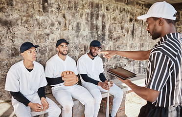 Image showing Team, tablet or baseball coach with a strategy, planning or training for progress with a game field formation. Leadership, mission or manager with sports men or athlete group for fitness or goals