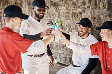 Image showing Baseball player, team or men toast to success in training or match game to celebrate victory in stadium. Goals target, fun sports or healthy softball players in happy celebration with drinks together