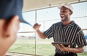 Image showing Motivation, planning or happy baseball coach with strategy ideas in training or softball game in dugout. Leadership or excited black man with sports athletes for fitness, teamwork or mission goals