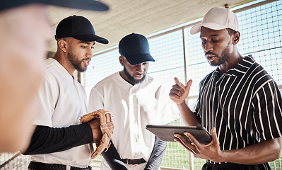 Image showing Sports group, planning or baseball coach with strategy ideas in training or softball game in dugout. Leadership, formation on tablet or black man with athletes for fitness, teamwork or mission goals