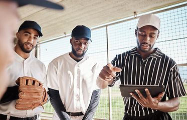 Image showing Group portrait, planning or baseball coach with a strategy in training or softball game in dugout. Leadership, formation on tablet or black man with sports athletes for teamwork or mission goals