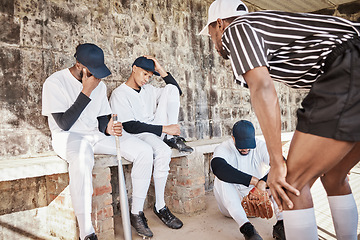 Image showing Loss or baseball coach with sad team in training workout match or softball game field after failure. Motivation, unhappy losers or angry black man with upset sports men or frustrated athlete group