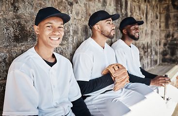 Image showing Baseball player portrait, bench or sports man on field at competition, training match on a stadium pitch. Softball exercise, fitness workout or happy players playing a game in team dugout in summer