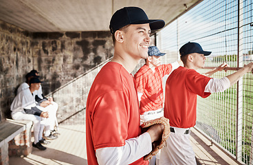 Image showing Baseball, men and watch game with happiness, achievement and competition with teamwork. Mit, male players and athletes in sports dugout, start training and friends with exercise, workout and smile