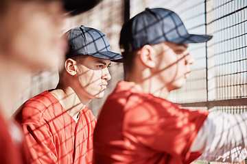 Image showing Baseball, ready and dugout with a sports man watching a competitive game outdoor during summer for recreation. Sport, teamwork and waiting with a male athlete on the bench to support his teammates