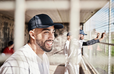 Image showing Baseball, sports and man smile in stadium watching games, practice match and competition on field. Fitness, teamwork and happy male athlete in dugout to support exercise, training and sport workout