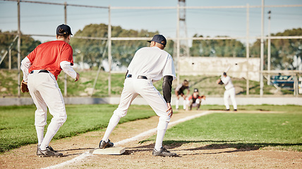 Image showing Sports, baseball and fitness with men on field for training, competition matcha and exercise. Home run, focus and teamwork with group of people playing in park stadium for pitcher, cardio and batter