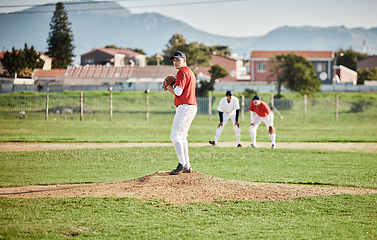 Image showing Baseball pitcher, match and athlete throw or pitch ball in a game or training with a softball team. Sports, fitness and professional man or person in a competition with teamwork in a stadium