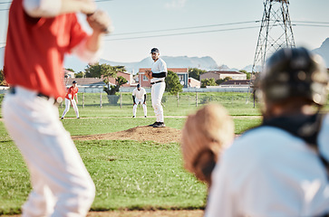 Image showing Men, pitcher or baseball player with glove in game, match or competition challenge on field, ground or stadium grass. Softball, athlete or sports people in pitching, teamwork collaboration or fitness