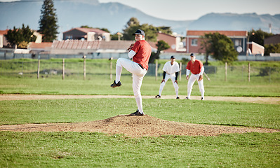 Image showing Baseball field, competitive and man pitcher pitch or throw ball in a match, game or training with a softball team. Sports, fitness and professional man athlete in a competition with teamwork