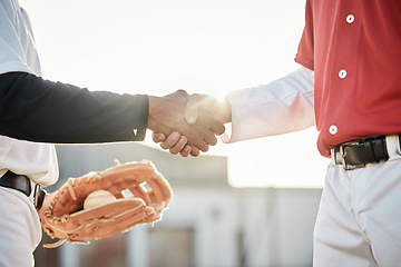 Image showing Baseball, sports or handshake for team greeting, introduction or respect on stadium field together. Zoom of men shaking hands in softball match or game in competition, training or workout exercise