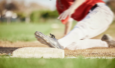 Image showing Man, foot or slide on sports baseball field in game, match or competition challenge for homerun motion blur. Athlete, shoes or softball player feet in fast run, fitness or exercise workout on ground