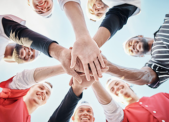 Image showing Hands, baseball motivation or sports men in huddle with support, hope or faith on field in fun game together. Teamwork, happy people or group of excited softball athletes with solidarity low angle