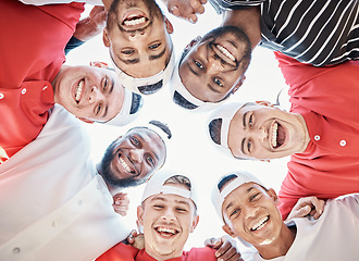 Image showing Portrait, funny or sports people in huddle with support, hope or faith on baseball field in game together. Teamwork, happy faces or group of excited softball athletes with goals, unity or motivation