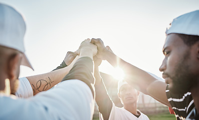 Image showing Fist, motivation or sports people in huddle with support, hope or faith on baseball field in game. Teamwork, group partnership or softball athletes with hands together for solidarity or inspiration