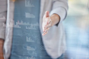 Image showing Woman, handshake and meeting in b2b, greeting or partnership for thank you, welcome or introduction at office. Female employee shaking hands for deal, success or finance agreement on hologram overlay