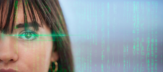 Image showing Woman, eye and biometrics on hologram for cybersecurity, futuristic profiling or identity. Portrait of female face with optical lens for future facial recognition or sight in double exposure overlay