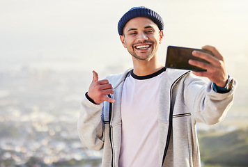 Image showing Fitness, man and sunset with smile for selfie on mountain in social media, vlog or profile picture in nature. Happy male hiker smiling for photo, memory or online post in healthy wellness outdoors