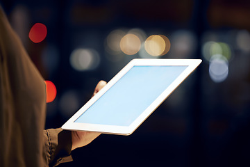 Image showing Tablet mockup, hands or night with screen and woman, business advertising or customer experience insight. Brand monitoring ui, product placement research or person with social network space