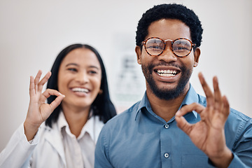 Image showing Perfect, ok and portrait of optometrist with sign or gesture for new glasses, vision and and eye care in a clinic. Medical, people and black man with healthcare professional accept with smile
