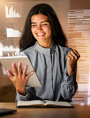 Image showing Woman, tablet and smile in celebration for analytics, corporate data or information success at night. Happy female analyst celebrating with touchscreen for promotion, profit or company investments